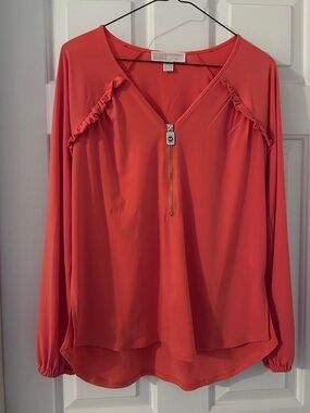 Michael Kors Coral Zip-Front Long Sleeve Ruffle Blouse